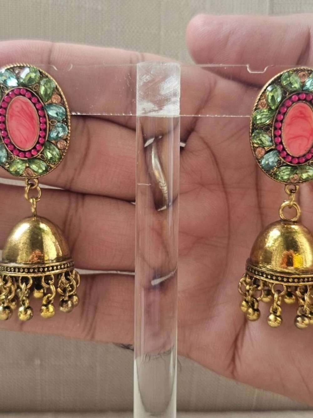 Pakistani Earrings Jhumka Fashion Jewelry Gold Tone Pink Beads Chandelier New - Picture 10 of 13